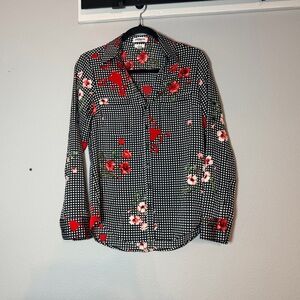 Express Portofino Button Up Blouse Size Small Slim Black White Gingham Floral